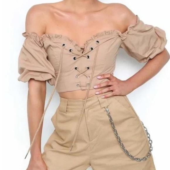 I.AM.GIA Alya Tan Lace-Up Off-Shoulder Crop Top - Picture 2 of 9